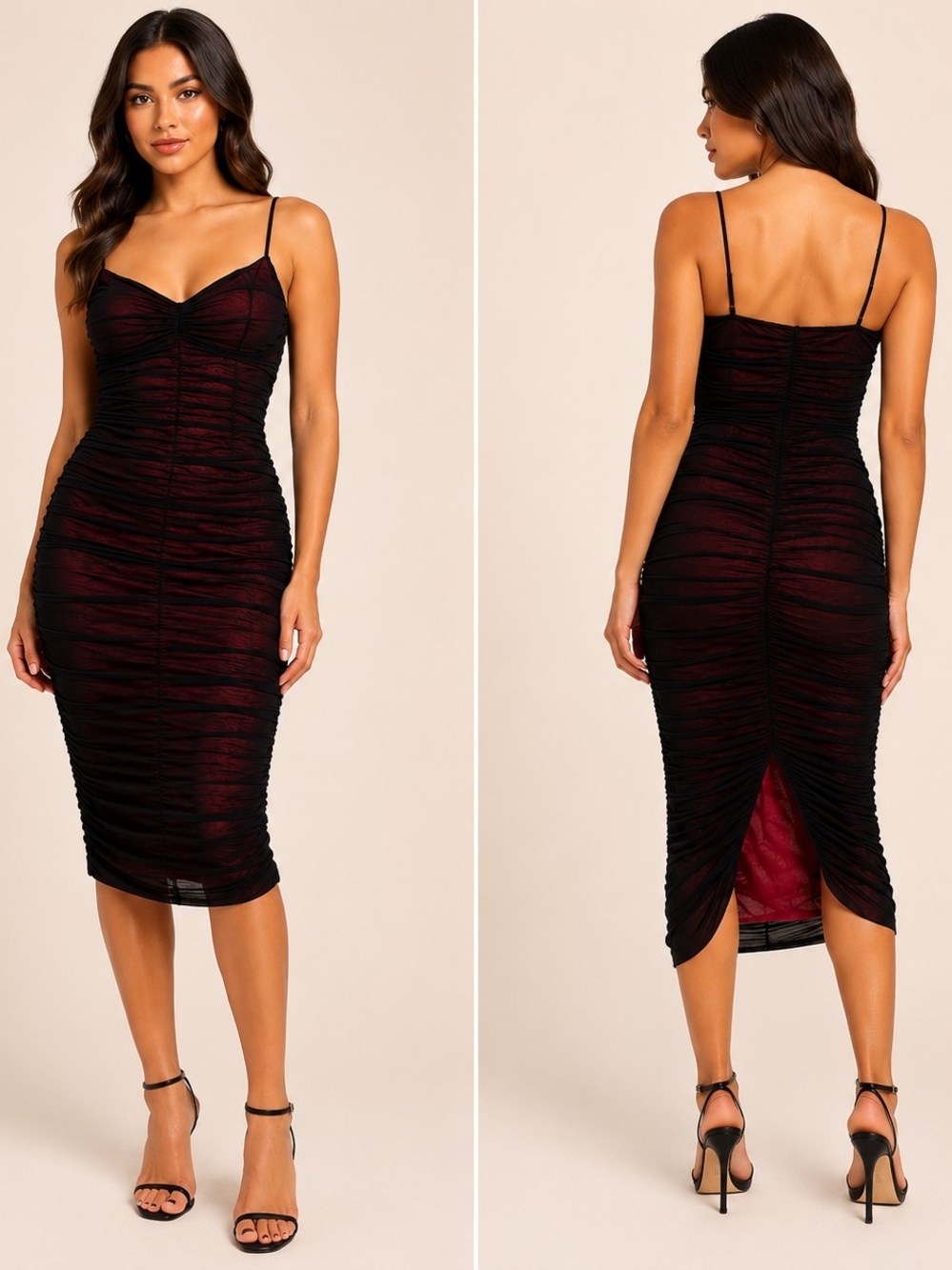Women’s Ruched Bodycon Midi Dress in Black and Red (17-18 Inch PTP)